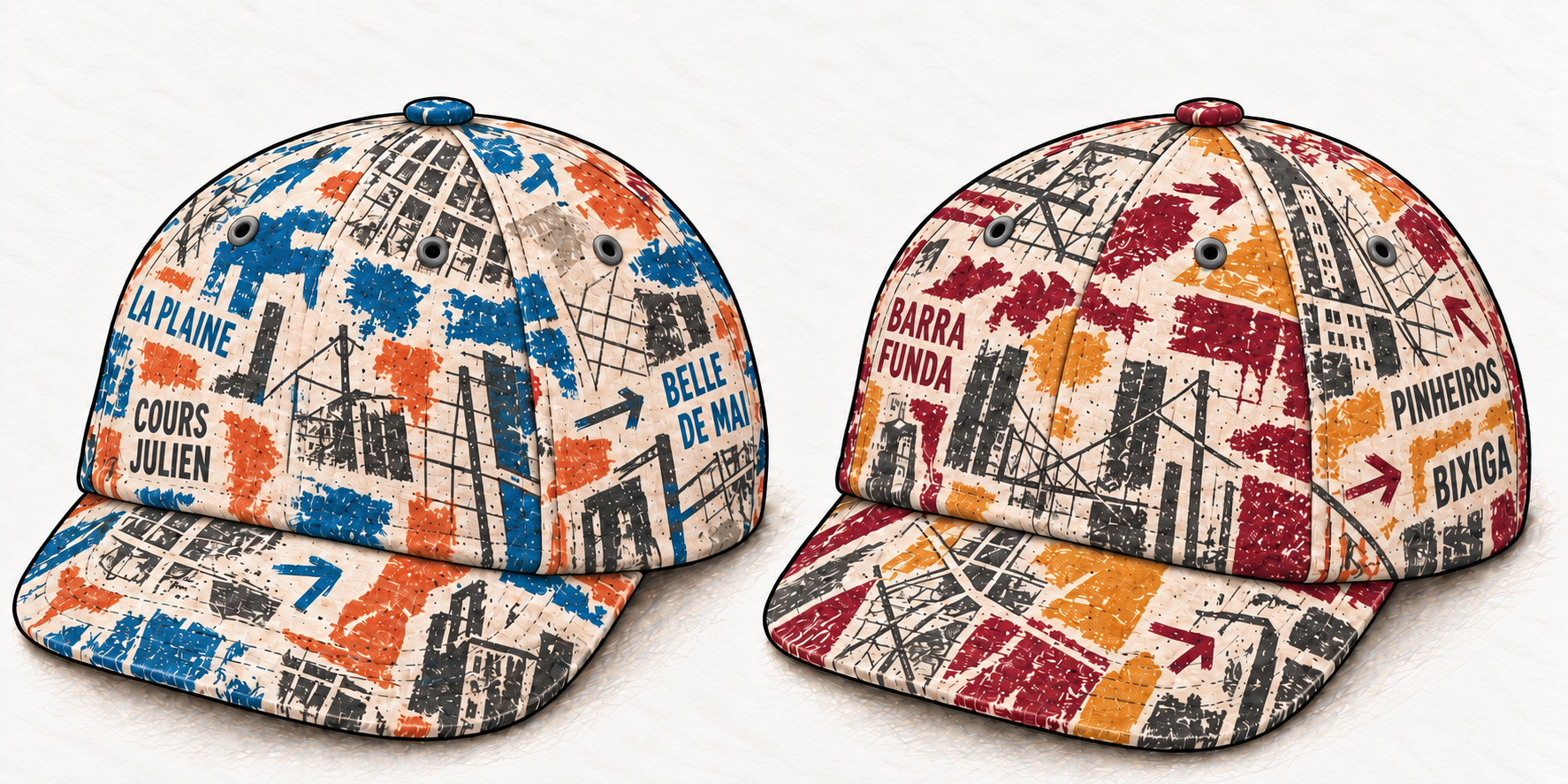 Barrios Street Collage caps: Marseille in cobalt, terracotta and cream; São Paulo in burgundy, ochre and charcoal. Both have soft crowns, broad flat peaks and off-centre neighbourhood names blended into the print.