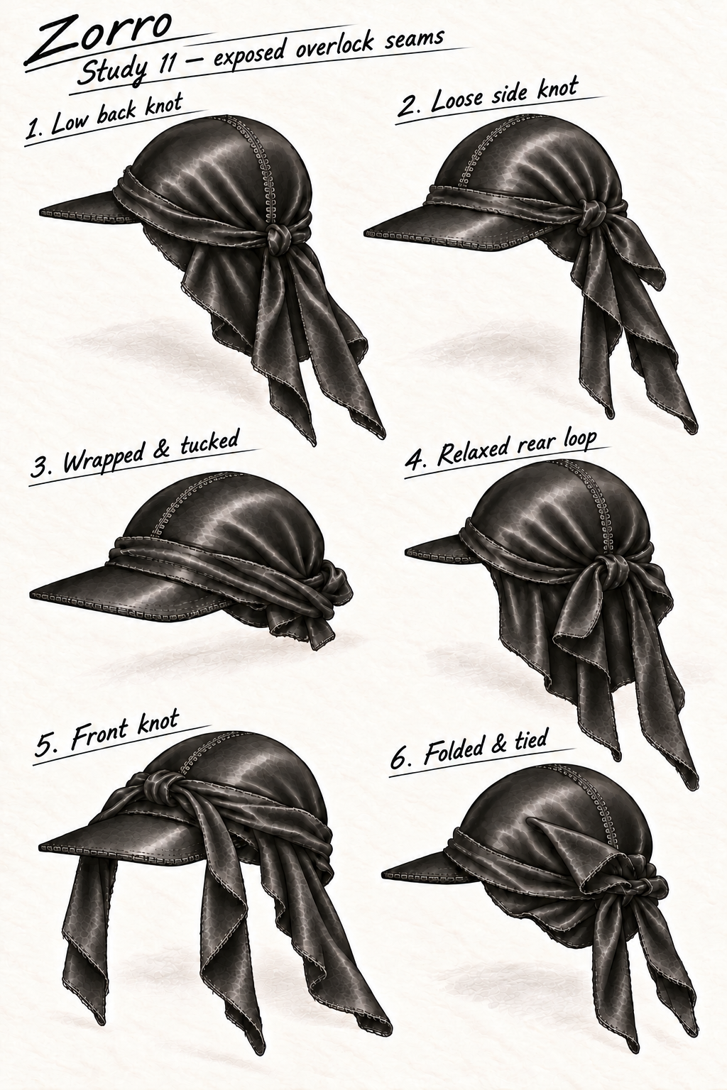 Approved Zorro Study 11: six ways to wear a silky black peaked do-rag, with a close-fitting skullcap, broad flat peak, exposed overlock seams and flexible ties