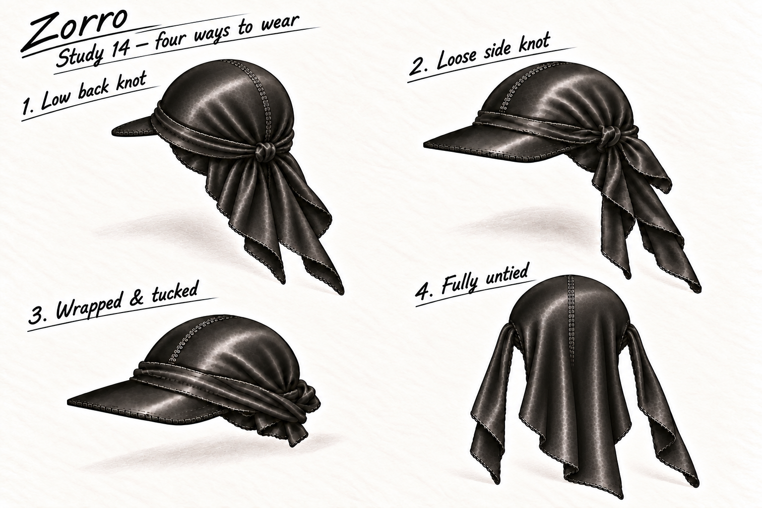 Approved Zorro Study 14: four ways to wear a silky black peaked do-rag: low back knot, loose side knot, wrapped and tucked, and fully untied with long rear panel and side ties